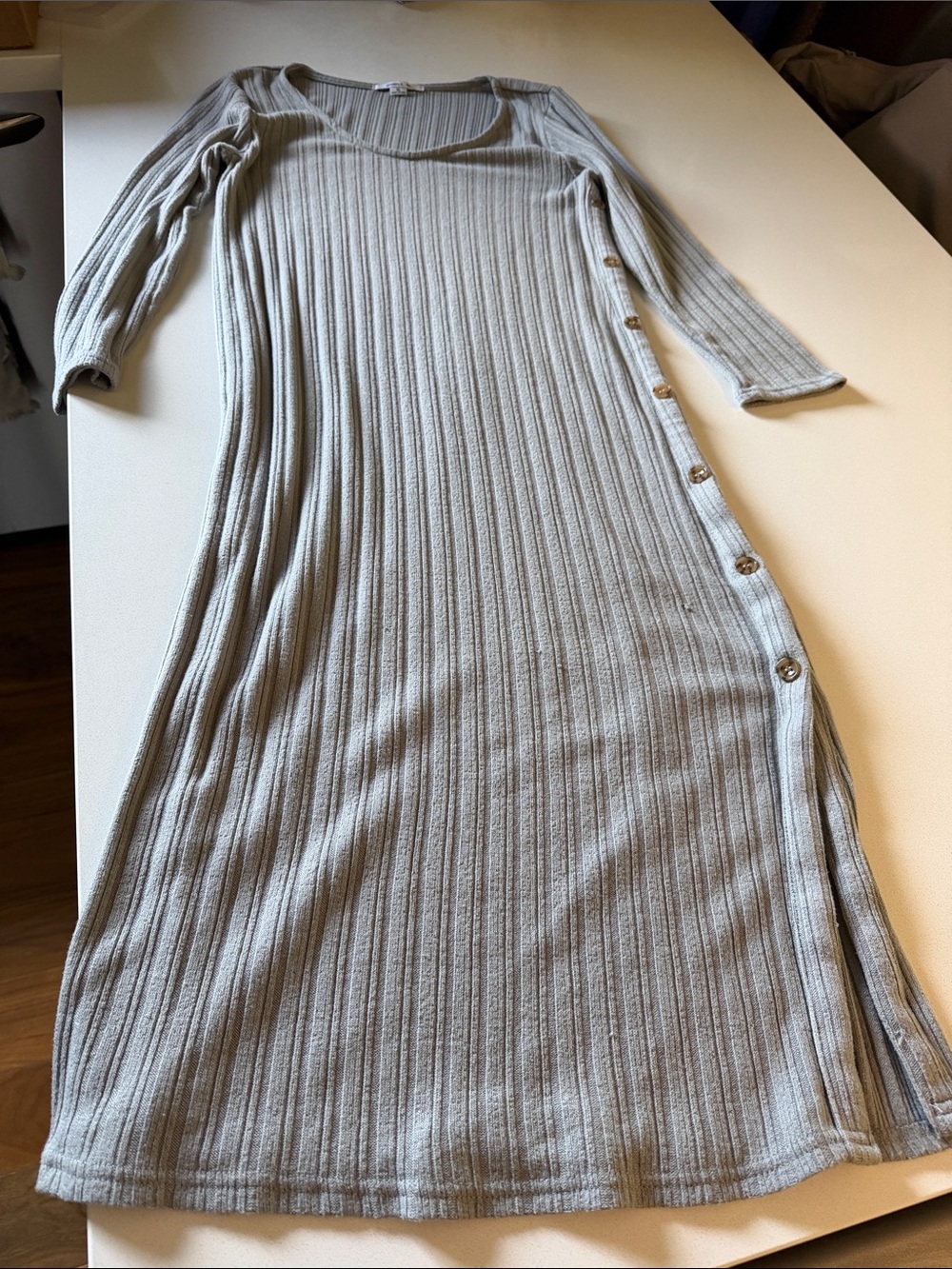 O'Neill Ribbed Side-Button Midi Dress in Light Gray